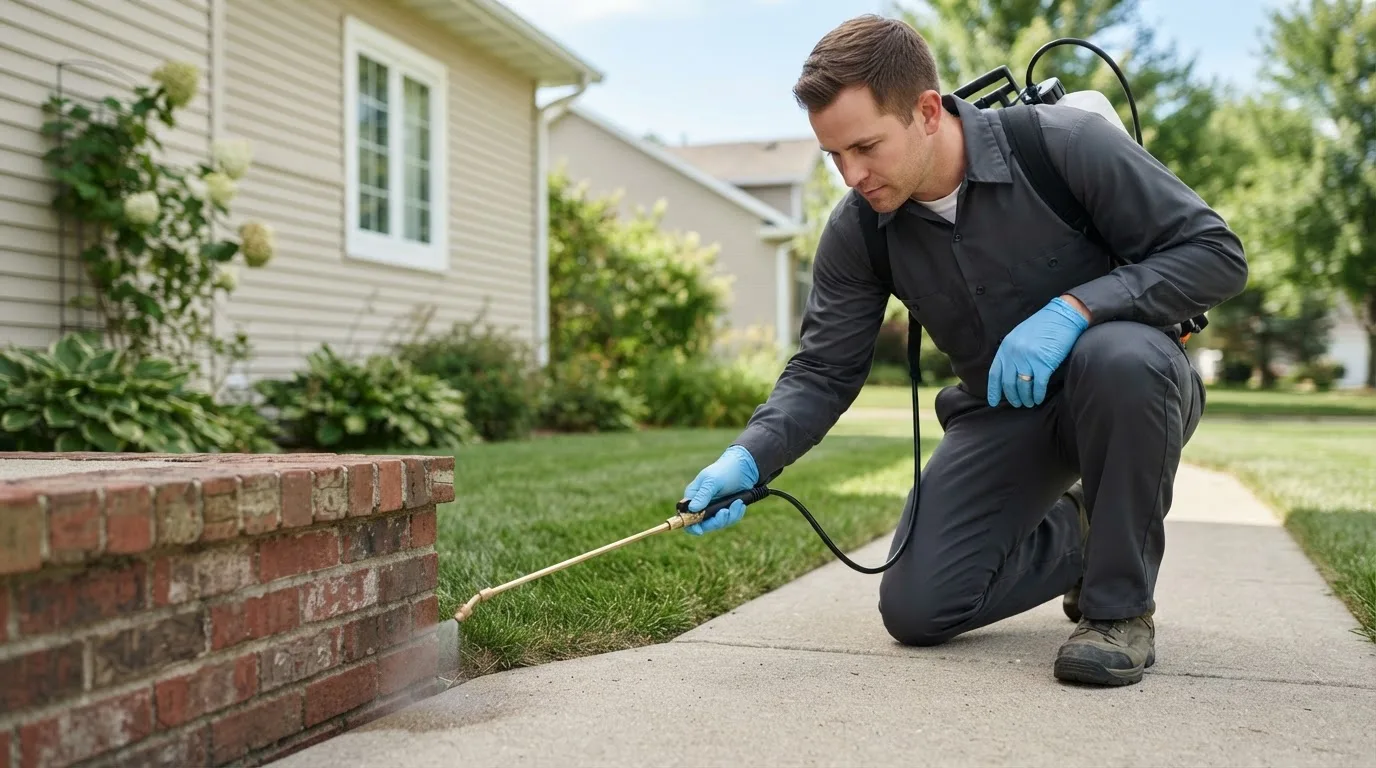Pest control technician treating a home near Leesburg, IN
