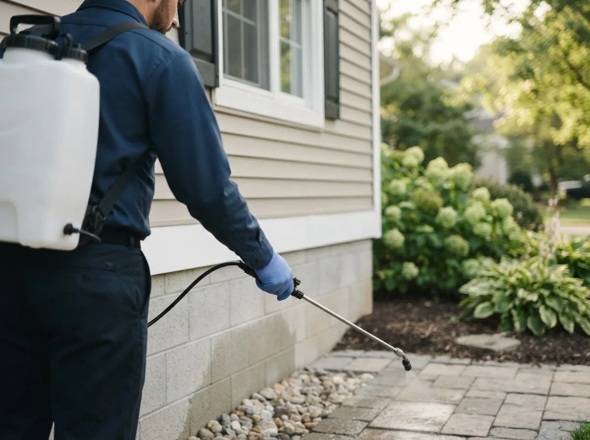 Pest control technician inspecting a home in Leesburg, IN